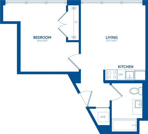 Floor plan for 1 bed, 1 bath, 544 sqft